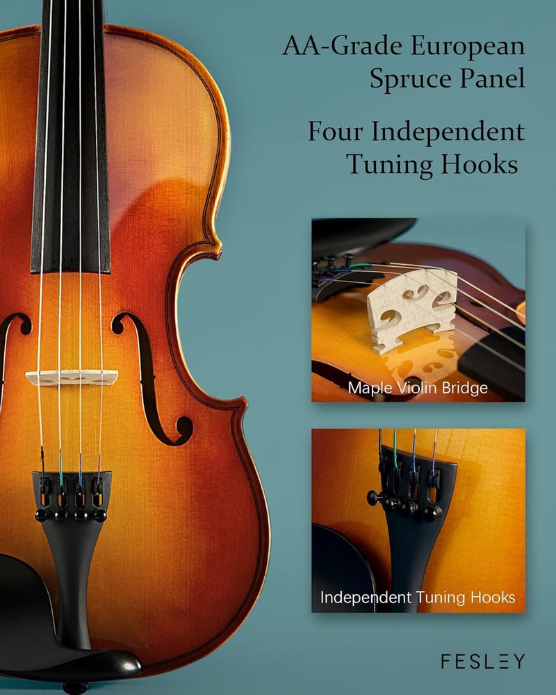 Fesley Violin Fiddle Full Set: 4/4 Polished Violin Kit for Beginners, Acoustic Violin with Hard Case, Solidwood Hand Made Starter Kit with Bow, Rosin, Shoulder Rest, Tuner, Extra Strings - Image 5